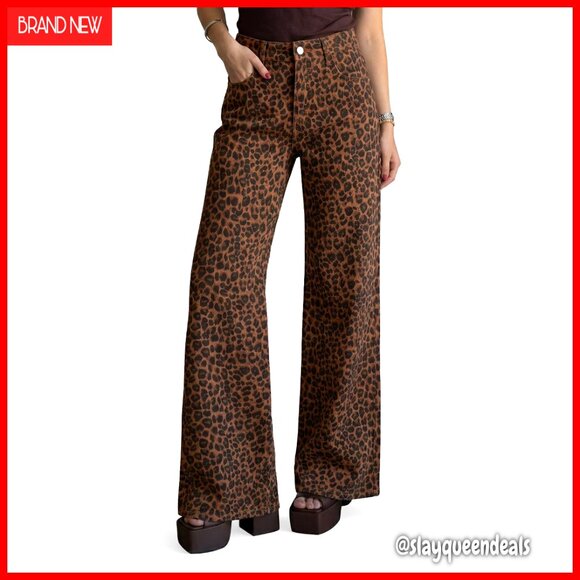 Denim - High Waisted Wide Leg Stretchy Jeans with Pockets Animal Print